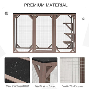 English Elm Pawhut Wooden Outdoor Catio Enclosure with Mesh Walls Climbing Platforms Asphalt Roof W2225P173771
