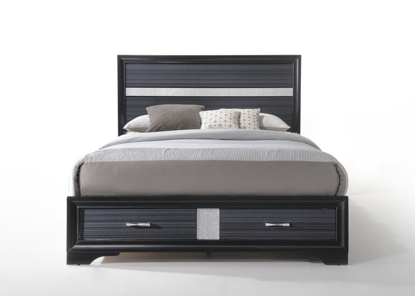 English Elm Black Queen Bed with Storage Drawers, 3D Texture Veneer & Sparkling Trim, No Box Spring Needed B062S00511