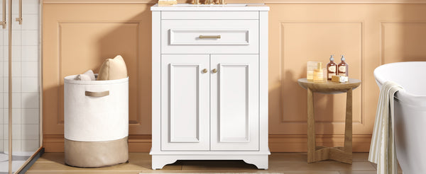 English Elm 24" Matte Single Sink Vanity Solid Poplar Frame Gold Hardware Soft Close Cabinet White N710P389449K