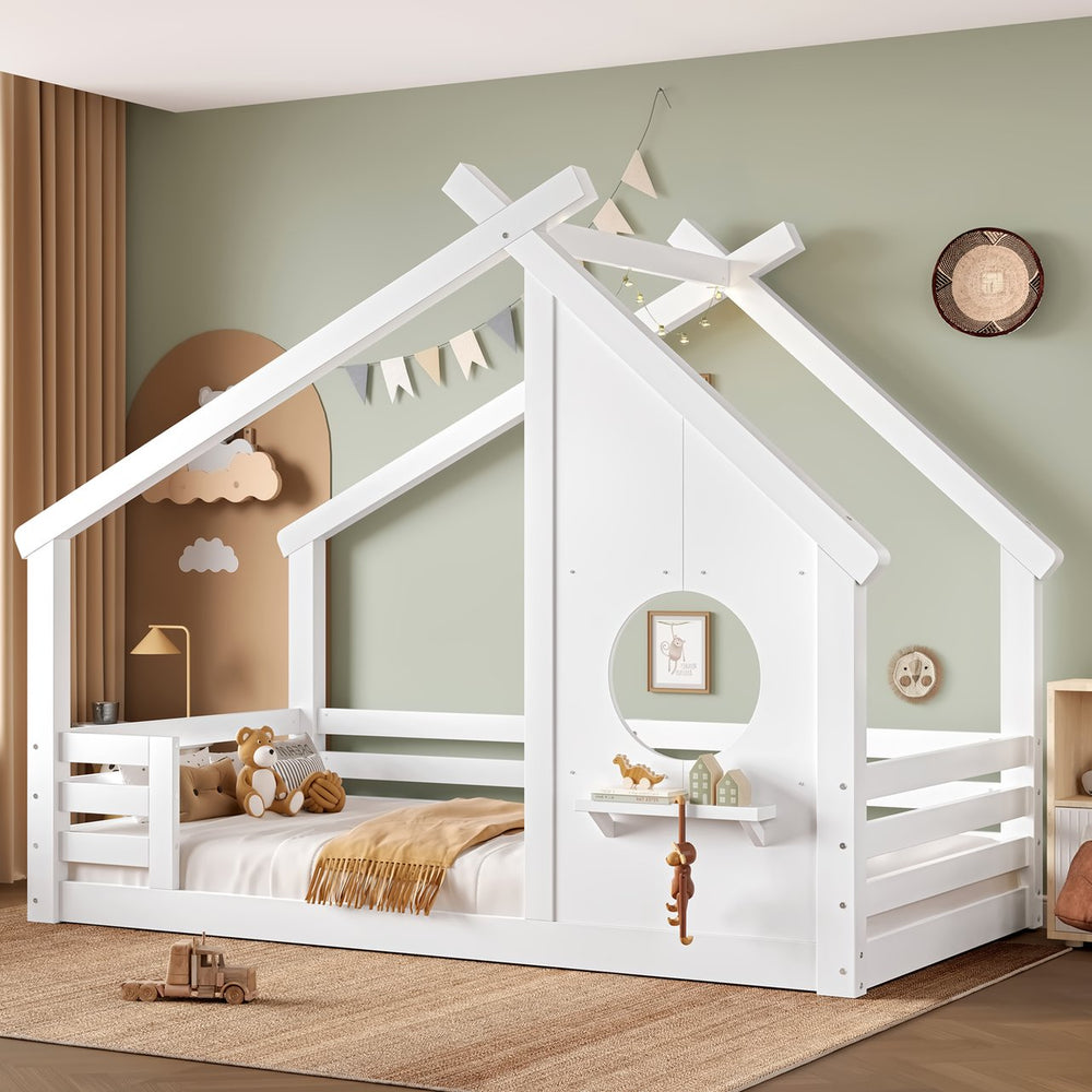English Elm Twin House Floor Bed with Window & Shelf, Solid Wood Pitched Roof Design for Safe Cozy Sleep White W1580P362678