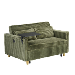 English Elm The pull-out corduroy sofa bed with convertible tabletop and USB charging ports for living room comfort Green W1278P248128