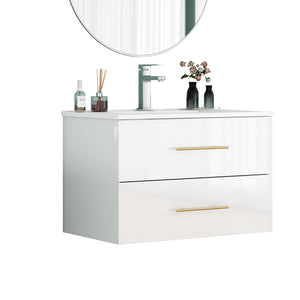 English Elm 30-Inch Sleek Wall-Mounted Bathroom Vanity With Integrated Sink, Double Drawers & Easy Installation W3151S00053