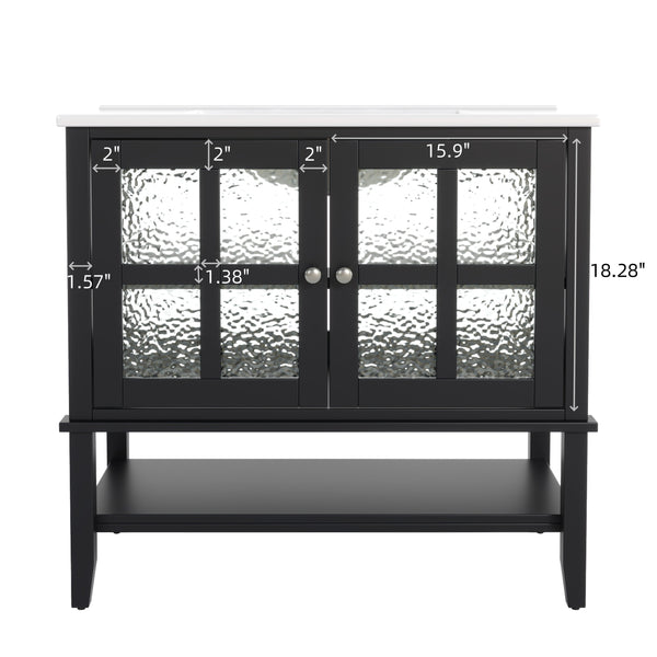 English Elm Christopher Knight Home® - 36" Bathroom Vanity with Ceramic Sink, Solid Wood Legs, Waterproof Finish, Soft-Close Hinges, Open Shelf, Silver Knobs Black N817P286249B