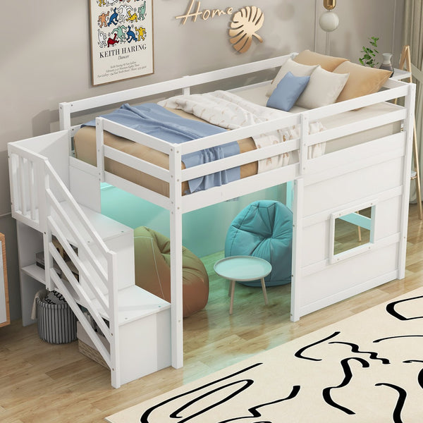 English Elm Twin Loft Bed Pinewood Frame with Storage Staircase Led Lighting and Window Cutout White GX000436AAK