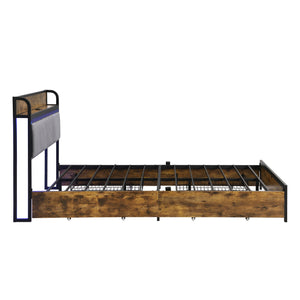 English Elm King Storage Bed Frame with USB Outlets, RGB LED Headboard, 4 Rolling Drawers & Metal Slats, Black Brown Gray W2297P291441