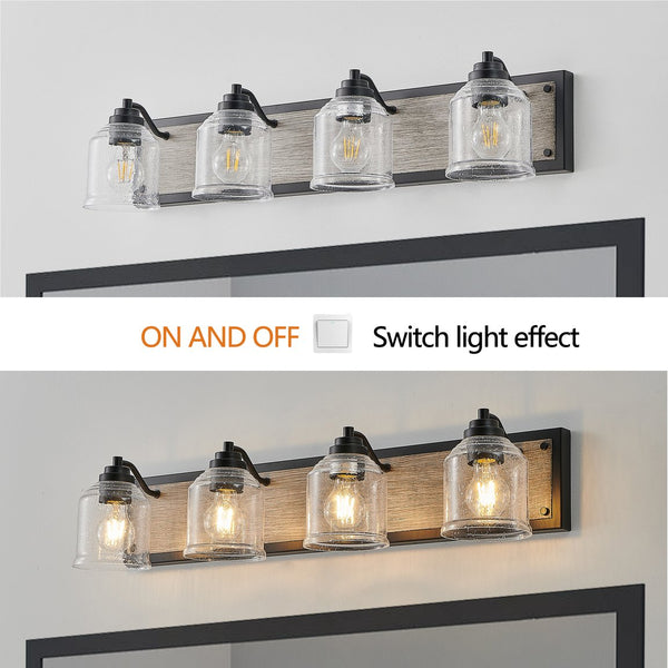 English Elm 32" Farmhouse Vanity Light Fixture - 4-Light Industrial Wall Sconce, Clear Seeded Glass, Black Wood Blend W2312P374827