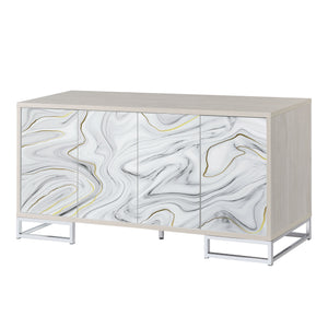 English Elm Panos White Marble Paint Console Cabinet with Chrome Finish, 4 Spacious Shelves, Modern Entryway Storage B2726P245877