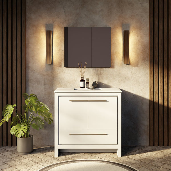 English Elm White Bath Vanity 36 in. W x 20 in. D with White Quartz Top, Soft-Close Storage & 28 in. Mirror Durable B2731S01487