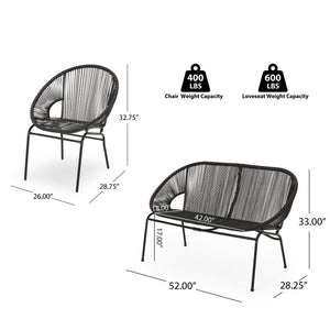 English Elm Christopher Knight Home® - NUSA Faux Wicker 3-Piece Outdoor Patio Chat Set with Rustproof Iron Frame, Curved Club Chairs & Loveseat Black NUSA3PCSETBLK