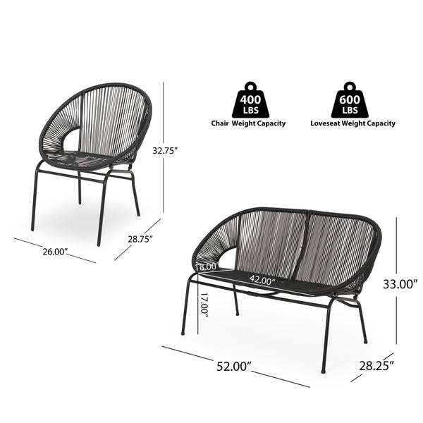 English Elm Christopher Knight Home® - NUSA Faux Wicker 3-Piece Outdoor Patio Chat Set with Rustproof Iron Frame, Curved Club Chairs & Loveseat Black NUSA3PCSETBLK