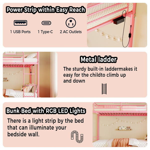 English Elm Bunk Bed Twin Iron Frame with Usb Charging Built in Guardrail and Convertible Design W3752P430826