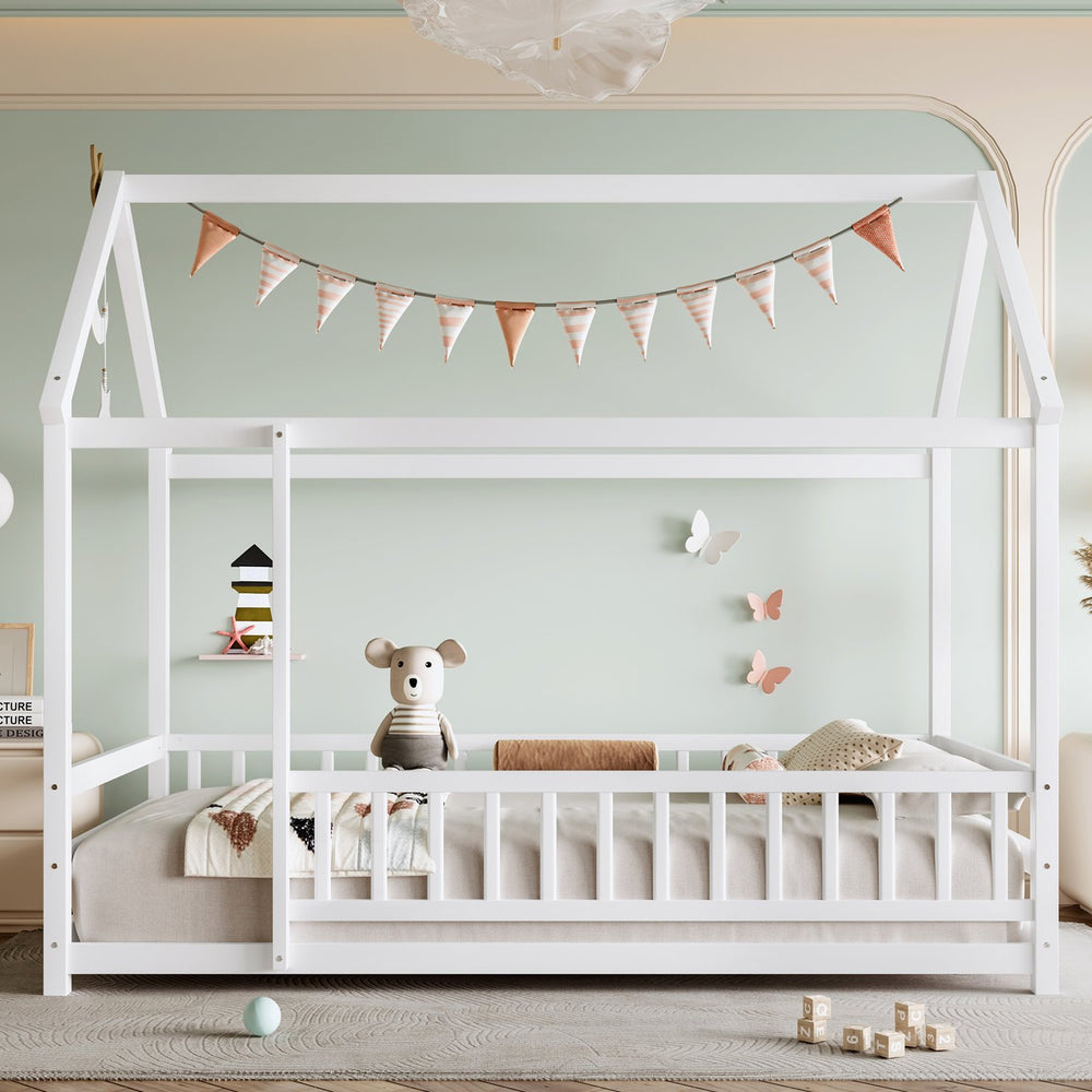English Elm Twin Pine House Frame Floor Bed with Peaked Roof and Fence Guardrails for Kids White W1858P389938