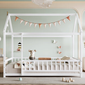 English Elm Twin Pine House Frame Floor Bed with Peaked Roof and Fence Guardrails for Kids White W1858P389938