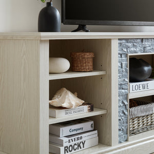 English Elm Large White Media Console with Faux Stone Surround and Enclosed Cabinet Storage W2275P389710