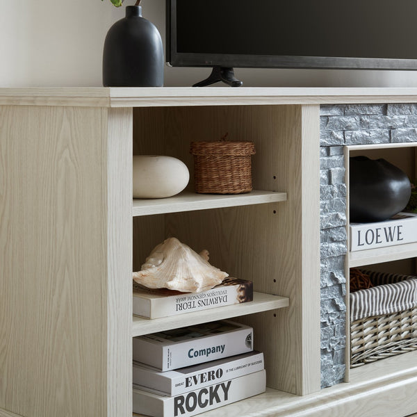 English Elm Large White Media Console with Faux Stone Surround and Enclosed Cabinet Storage W2275P389710