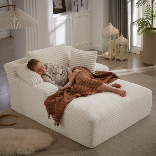 English Elm Oversized Corduroy Chaise Lounge with Pocket Spring Support Ready to Use Living Room White W2339P442128