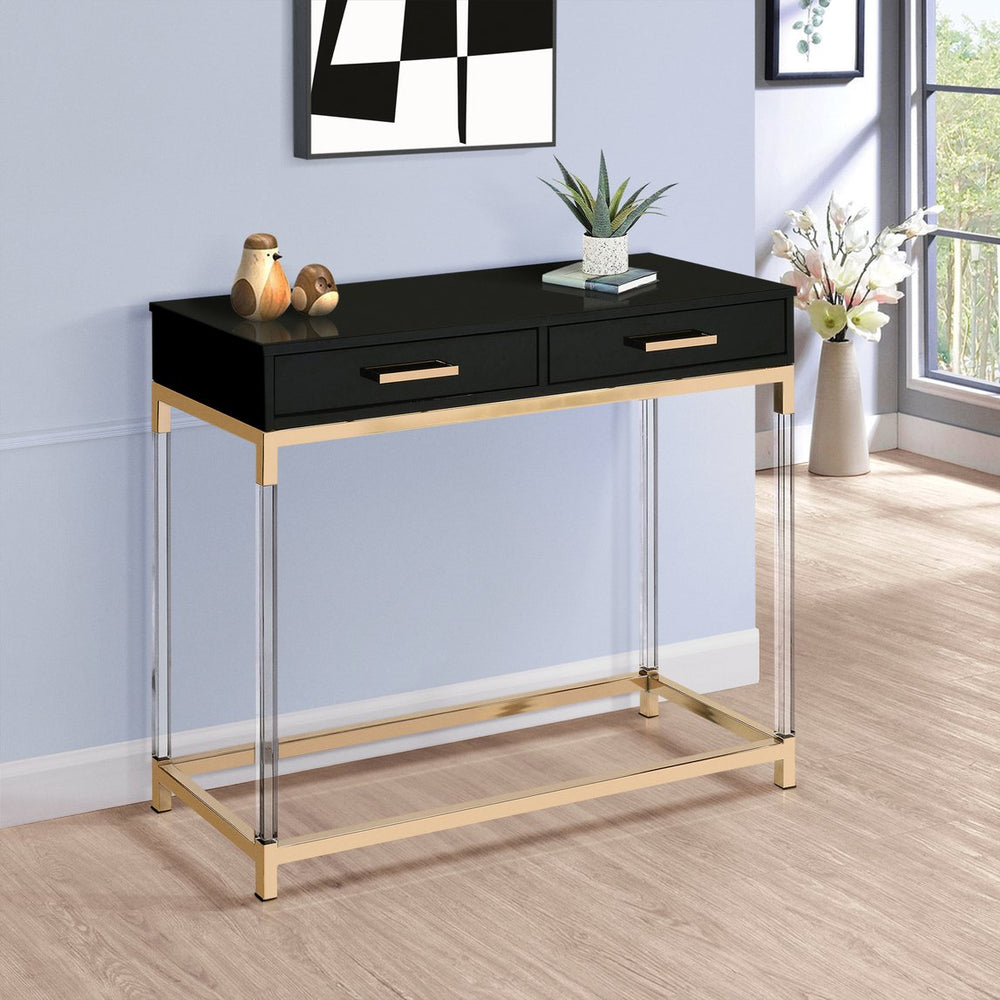 English Elm Black Black High Gloss and Gold Console Table with Acrylic Legs, 2 Drawers, Floating Modern Entryway Accent B062P185721