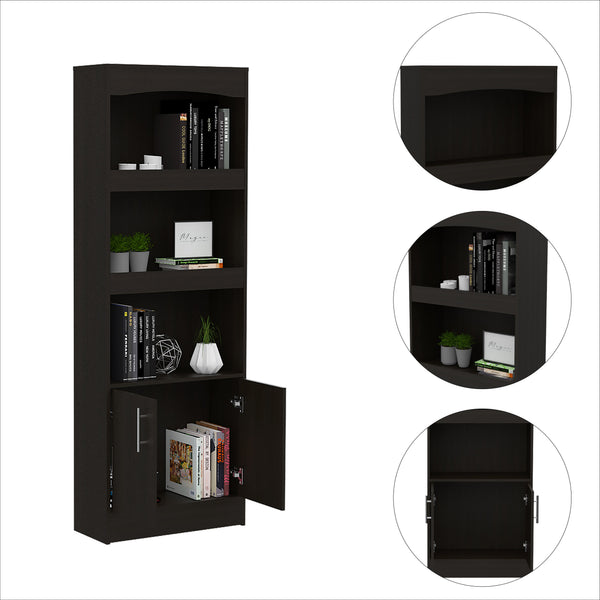 English Elm Bookcase, Three Open Shelves Enclosed Cabinet Matte Black Finish for Home Office B097132973