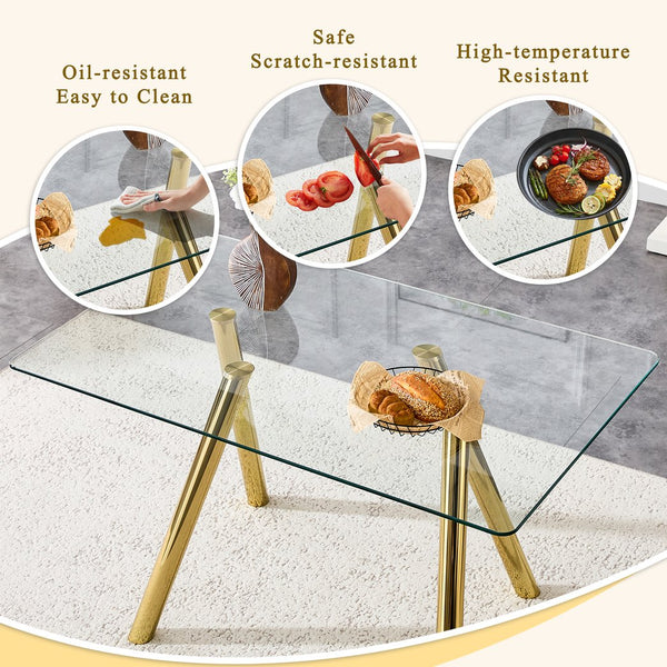 English Elm 51-inch Tempered Glass Rectangular Dining Table Electroplated Metal Base Open Plan Gold W3875S00003