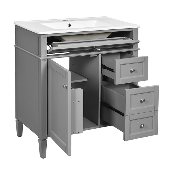 English Elm 30'' Modern Bathroom Vanity Set With Mirror, Stylish Freestanding Cabinet, Ample Storage & Sink SW000127AAE-1