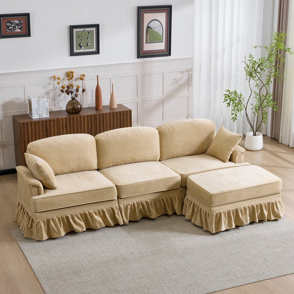 English Elm 103.15'' Chenille L-shaped Sectional Sofa with Detachable Pleated Skirt and Ottoman Khaki W3612S00045