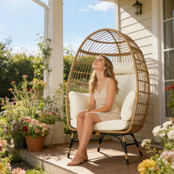 English Elm Wicker Egg Chair Oversized Pe Rattan with Cushion for Patio Balcony Porch W874P266325
