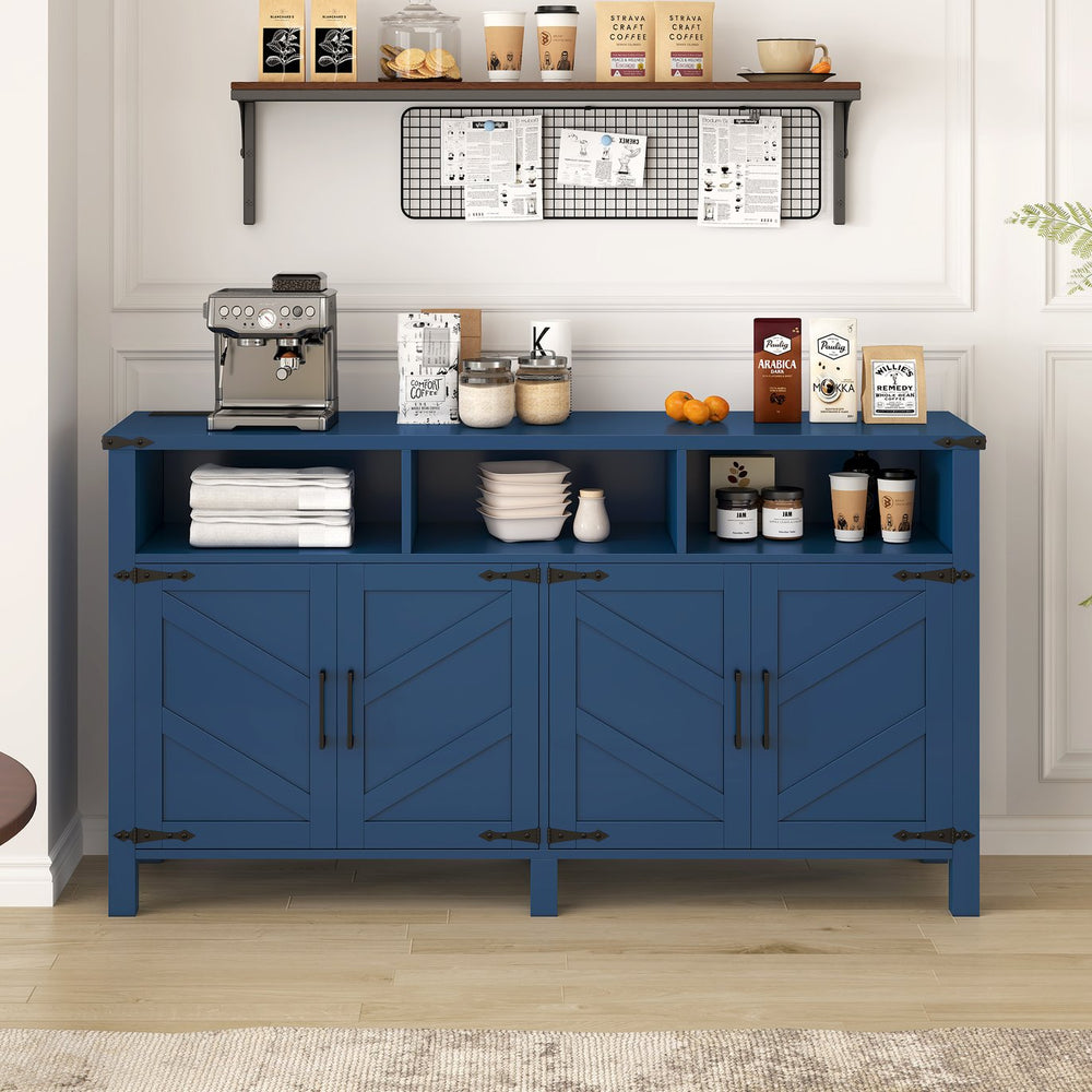 English Elm U_style 59 Inch Sideboard Buffet with Built in Power Outlets Open Cubbies Metal Accents Navy Blue N711P347407V