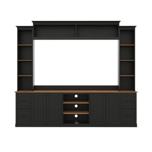 English Elm Unique Low Profile Media Console with Led Lighting Glass Shelves Fits Tvs to 105 Black N721S000077B