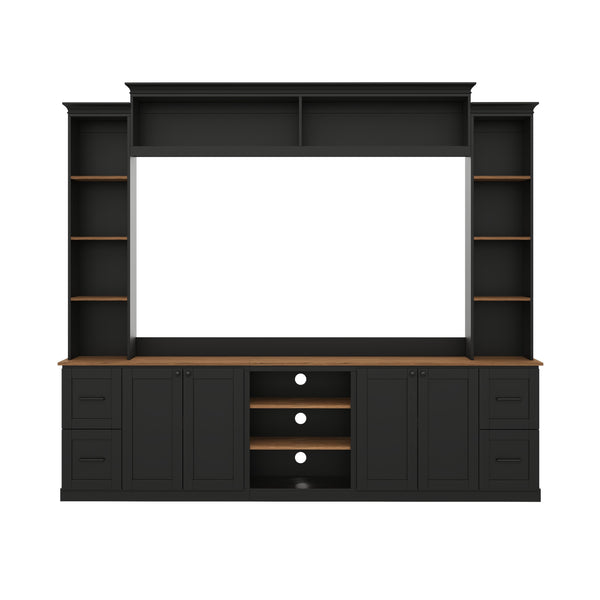 English Elm Unique Low Profile Media Console with Led Lighting Glass Shelves Fits Tvs to 105 Black N721S000077B