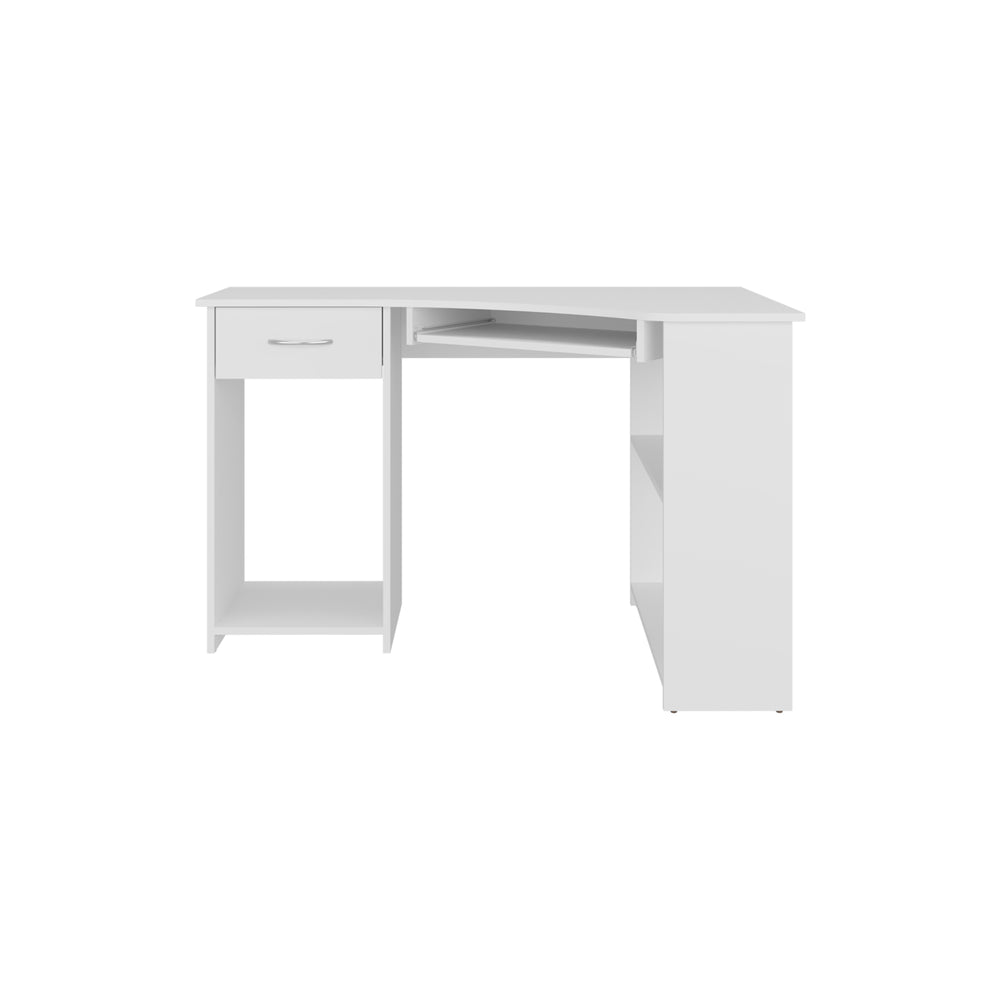 English Elm Jasper Corner Desk with Wraparound L-Shape Workspace, Built-In Side Shelves, Kronos White Finish B200P378362