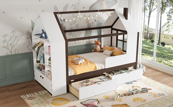 English Elm Twin House Frame Bed Pine Wood with Storage Drawers and Shelves for Kids Bedroom W1580S00573