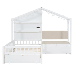 English Elm Twin House Bed Frame with Sofa Seating Led Lighting Drawers and Wireless Charging LP000521AAK-1