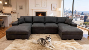 English Elm Sectional with Ottomans Low Profile Modern Minimalist Sofa for Open Living Rooms B2748S00090