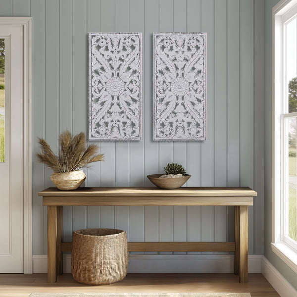 JLA Home Madison Park - Distressed Carved Wood Lotus Wall Art Set with Hand-Distressed Finish, Dimensional Botanical Panels for Home Decor White MP95B-0230