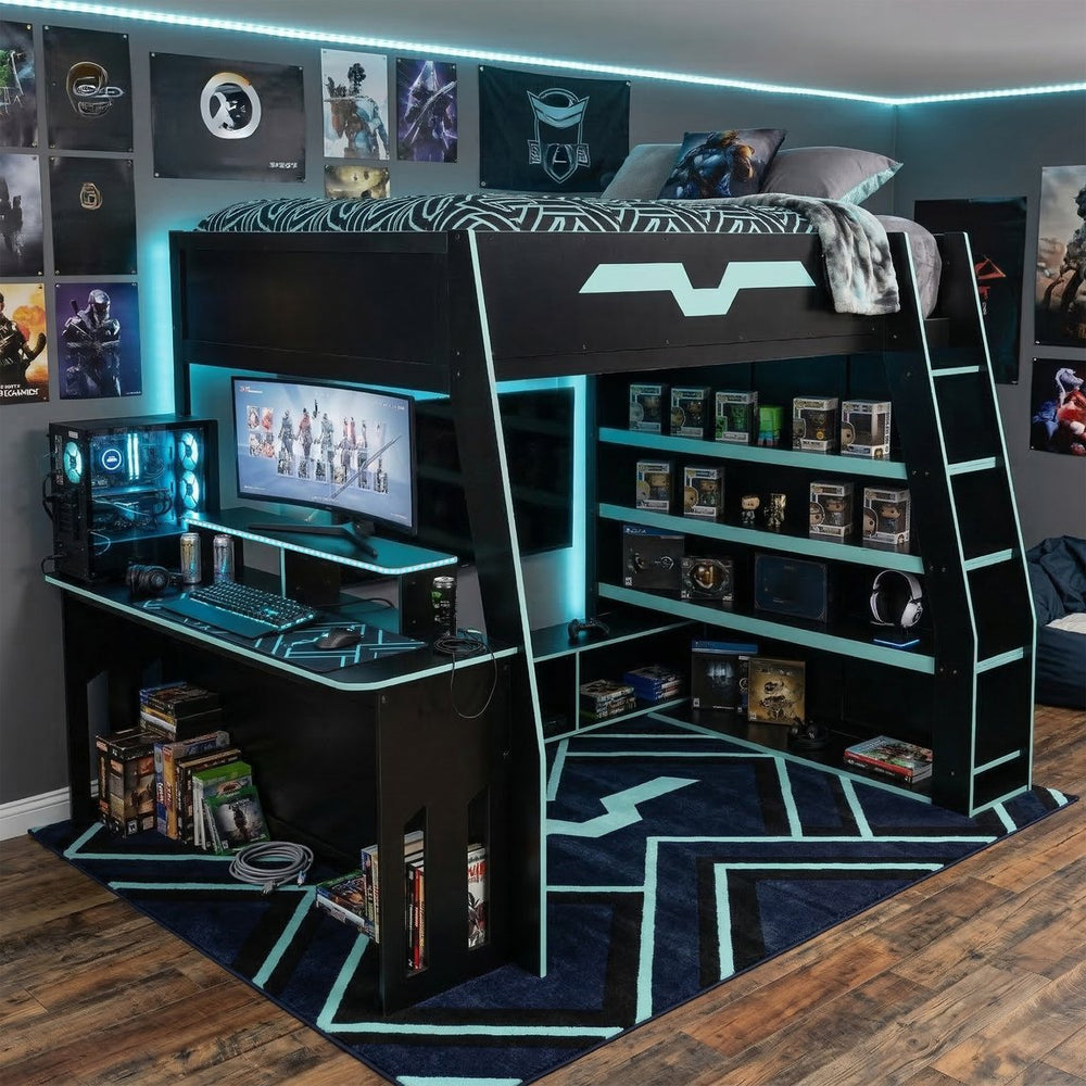 English Elm Full Size Wood Loft Bed with Rgb Lighting Desk and Multi-tier Shelves for Gaming Blue LT000374AAC