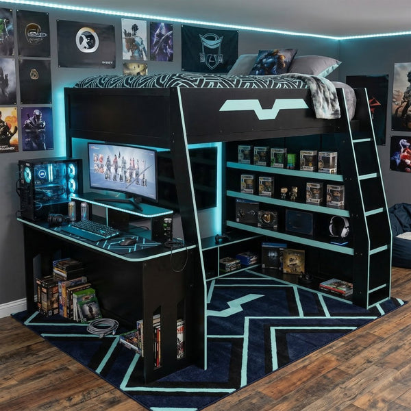 English Elm Full Size Wood Loft Bed with Rgb Lighting Desk and Multi-tier Shelves for Gaming Blue LT000374AAC