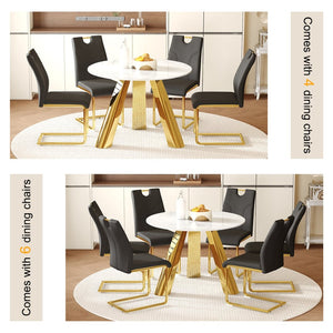 English Elm Table 5-Piece Set: 42-Inch Round Stainless Steel Dining Table With Elegant Black Chairs & Gold Legs W2920S00047-GIGA