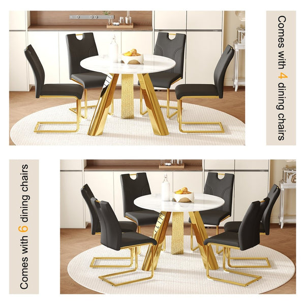 English Elm Table 5-Piece Set: 42-Inch Round Stainless Steel Dining Table With Elegant Black Chairs & Gold Legs W2920S00047-GIGA