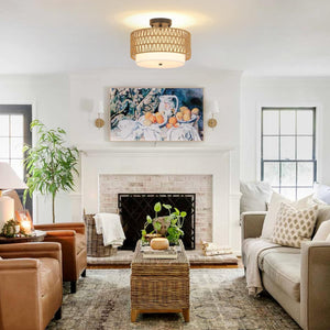 English Elm 3-Light Boho Rattan Semi-Flush Ceiling Lamp, Handwoven Drum Shade, Dimmable E26 Trio for Bedroom Dining Hallway W2738P185423