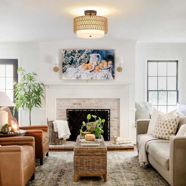 English Elm 3-Light Boho Rattan Semi-Flush Ceiling Lamp, Handwoven Drum Shade, Dimmable E26 Trio for Bedroom Dining Hallway W2738P185423