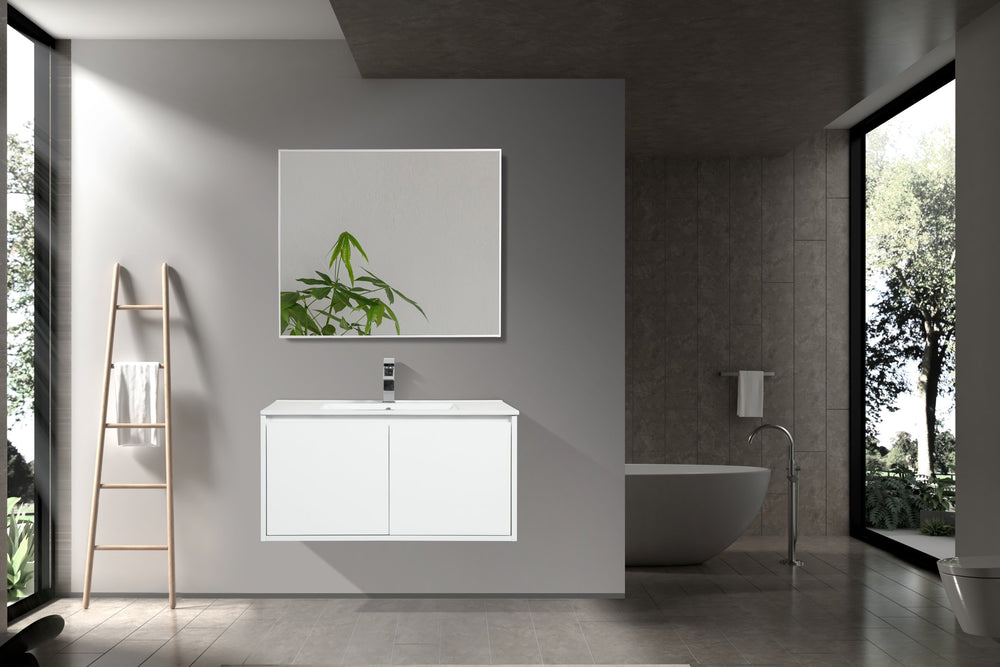 English Elm 36" Floating Bathroom Vanity Base Glossy White Wall Mount Soft Close Cabinet W1920P263626