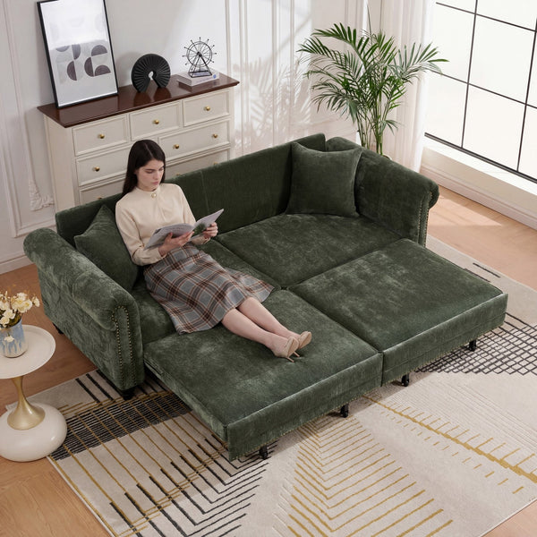 English Elm 86" Chenille Sleeper Sofa with Nailhead Rolled Arms Three Seat Convertible for Any Room Green W3373S00088