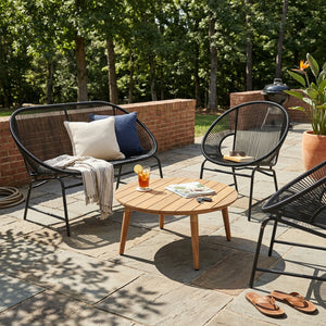 English Elm Nusa Outdoor Pe Rattan Conversation Set with Acacia Wood Coffee Table Patio Black,Natural NUSA4PCSET-BLK