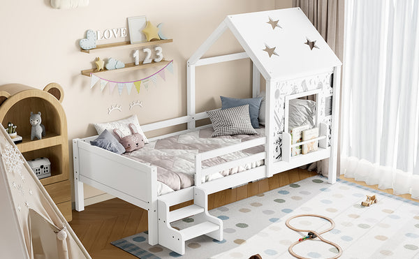 English Elm Full Bunk Bed with Trundle Bookshelf Storage Pine Frame Car Design for Kids Light White W1580S00293