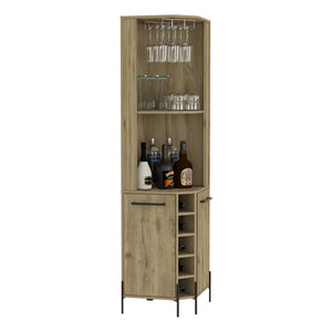 English Elm Corner Bar Cabinet with Ten Built-In Wine Slots, Cup Rack & Spacious Top Shelf for Entertaining Beige 28.74 L x 22.44 W x 4.72 H B097S00170