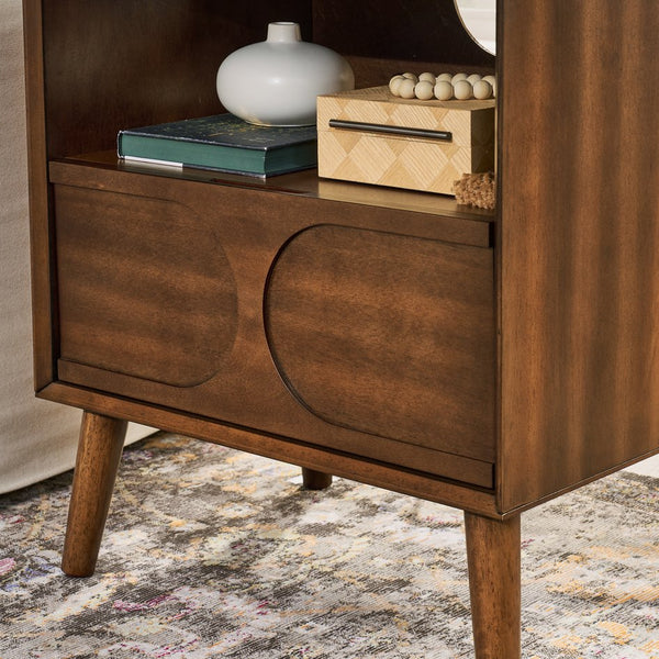 English Elm Mid Century Modern fluted nightstand with USB ports, dual outlets, drawer & open shelf, walnut finish W1801P288512