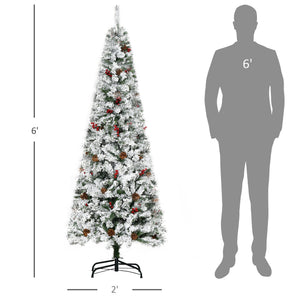 English Elm Homcom 6' Slim Snow Flocked Christmas Tree With 600 Realistic Pine Branches, Pine Cones & Berries W2225P229522
