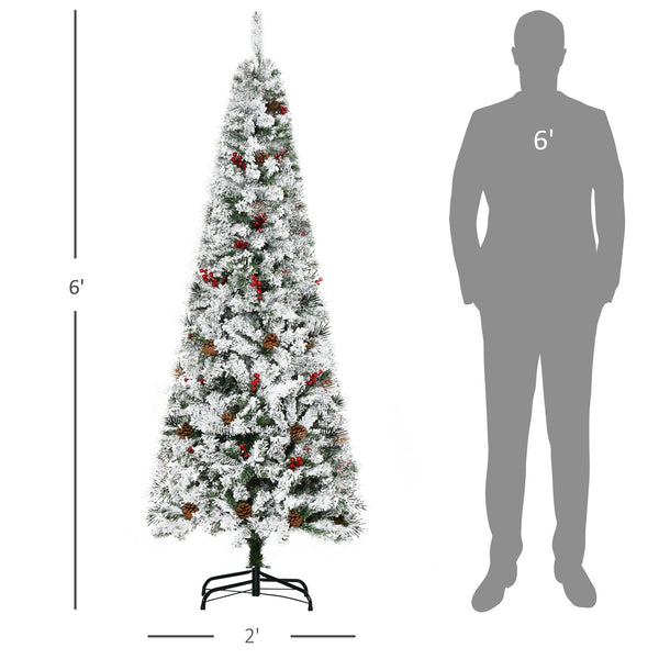 English Elm Homcom 6' Slim Snow Flocked Christmas Tree With 600 Realistic Pine Branches, Pine Cones & Berries W2225P229522