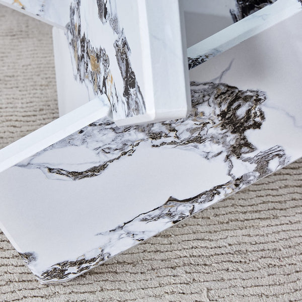 English Elm Round glass coffee table with 33.4" tempered top, white patterned MDF legs, sturdy 130lb capacity modern centerpiece W1512P395025