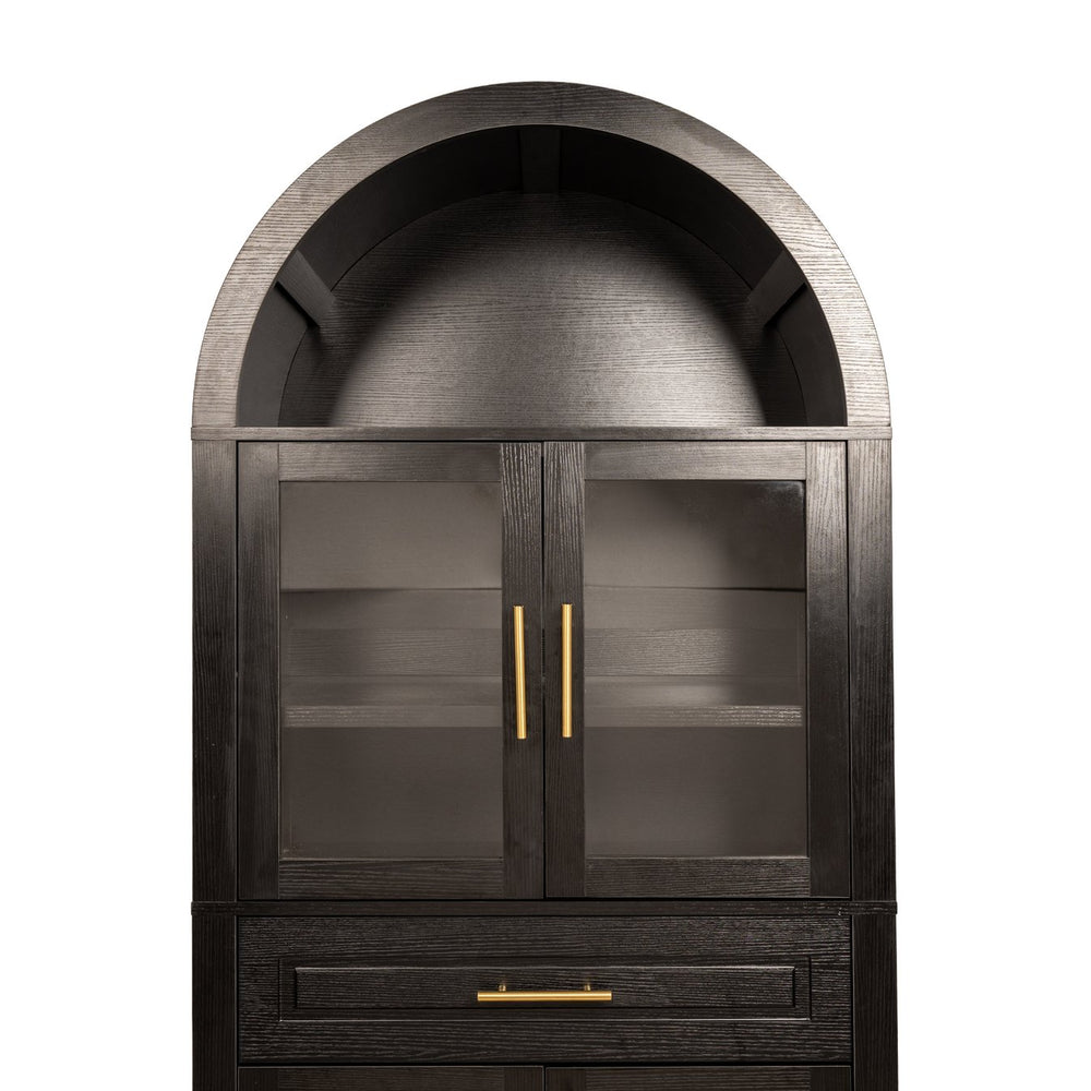 English Elm 71" Tall Arched Pantry Cabinet with Tempered Glass Door, Adjustable Shelves, Anti-Tip Kit & Metal Handles Black W2917P384730